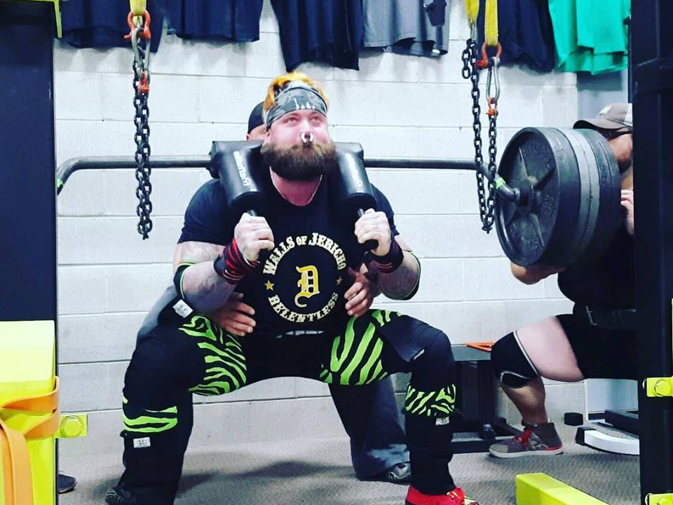 Single ply safety bar squats and Freya walking