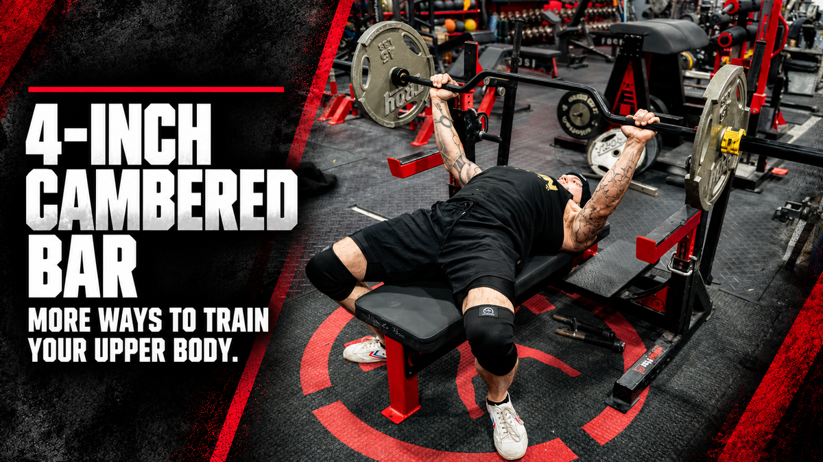 Lifter bench pressing with the elitefts 4-inch cambered bar beside the headline 4-Inch Cambered Bar: More Ways to Train Your Upper Body.