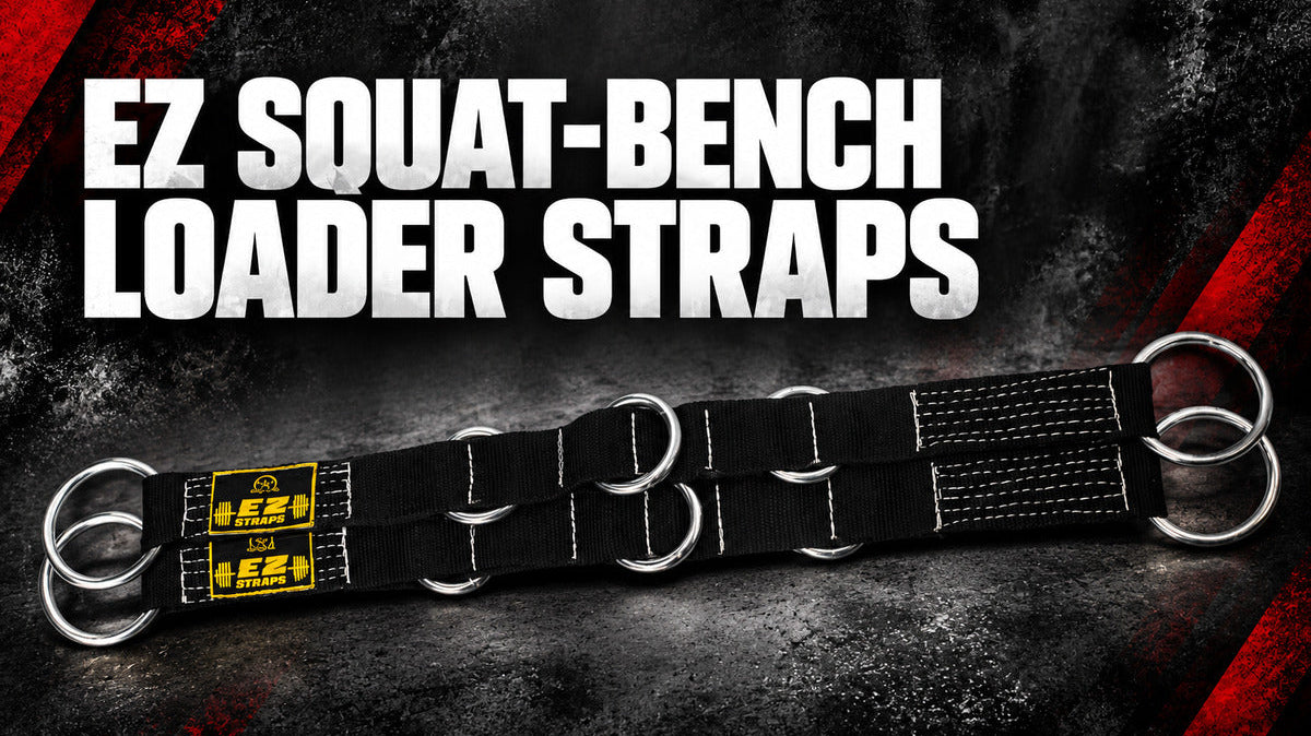 elitefts EZ Squat-Bench Loader Straps integrated into a dark textured background with red accents and bold white title