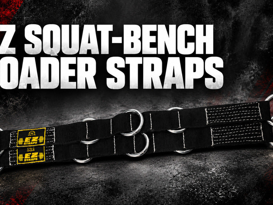 elitefts EZ Squat-Bench Loader Straps integrated into a dark textured background with red accents and bold white title