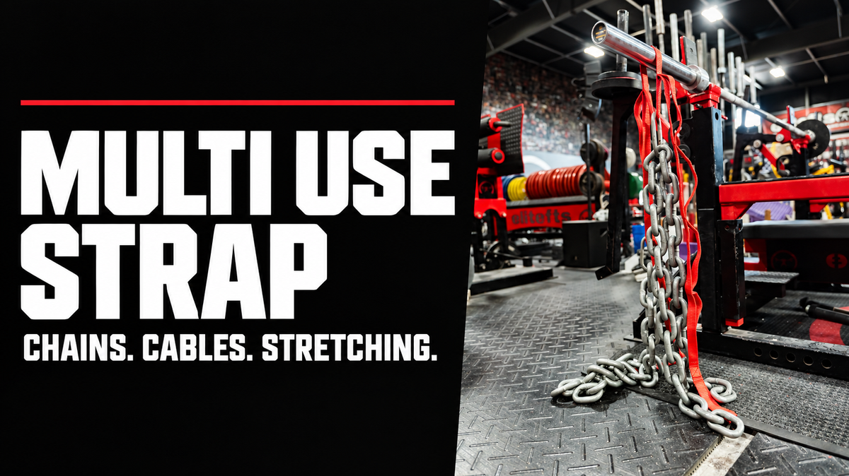 Multi Use Strap: Chains, Cables, Stretching, with the strap hanging chains from a barbell