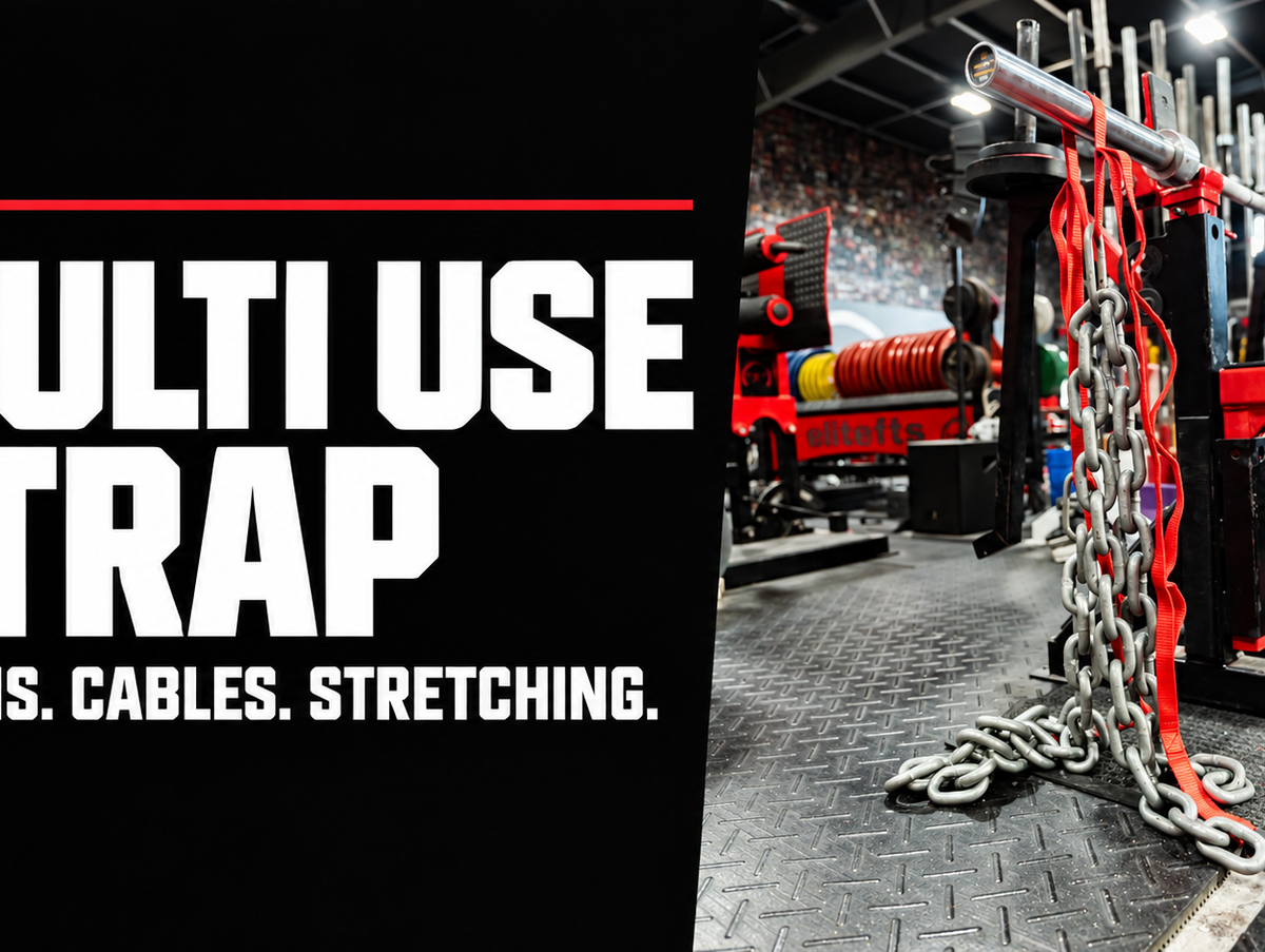 Multi Use Strap: Chains, Cables, Stretching, with the strap hanging chains from a barbell