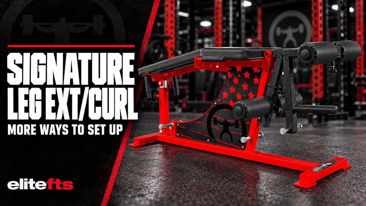 elitefts Signature Leg Ext/Curl machine in red with black pads beside the headline Signature Leg Ext/Curl: More Ways to Set Up