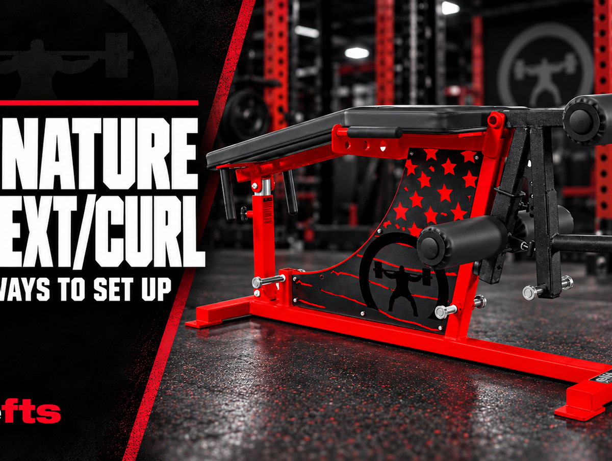 elitefts Signature Leg Ext/Curl machine in red with black pads beside the headline Signature Leg Ext/Curl: More Ways to Set Up