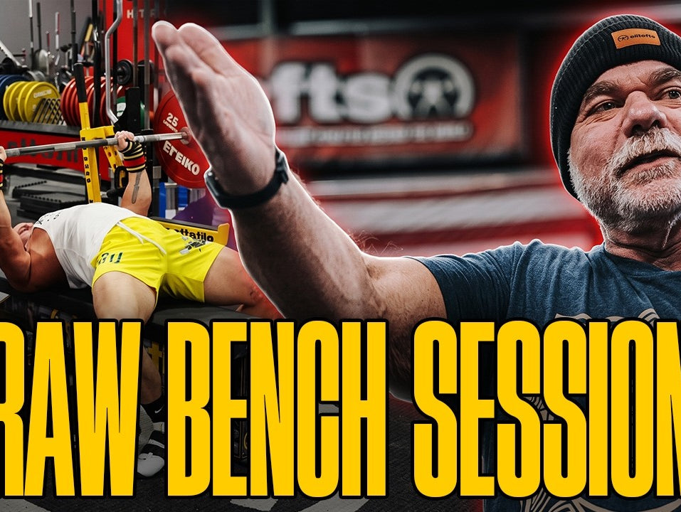 Jason Manenkoff benching beside Dave Tate in the Raw Bench Session video thumbnail.