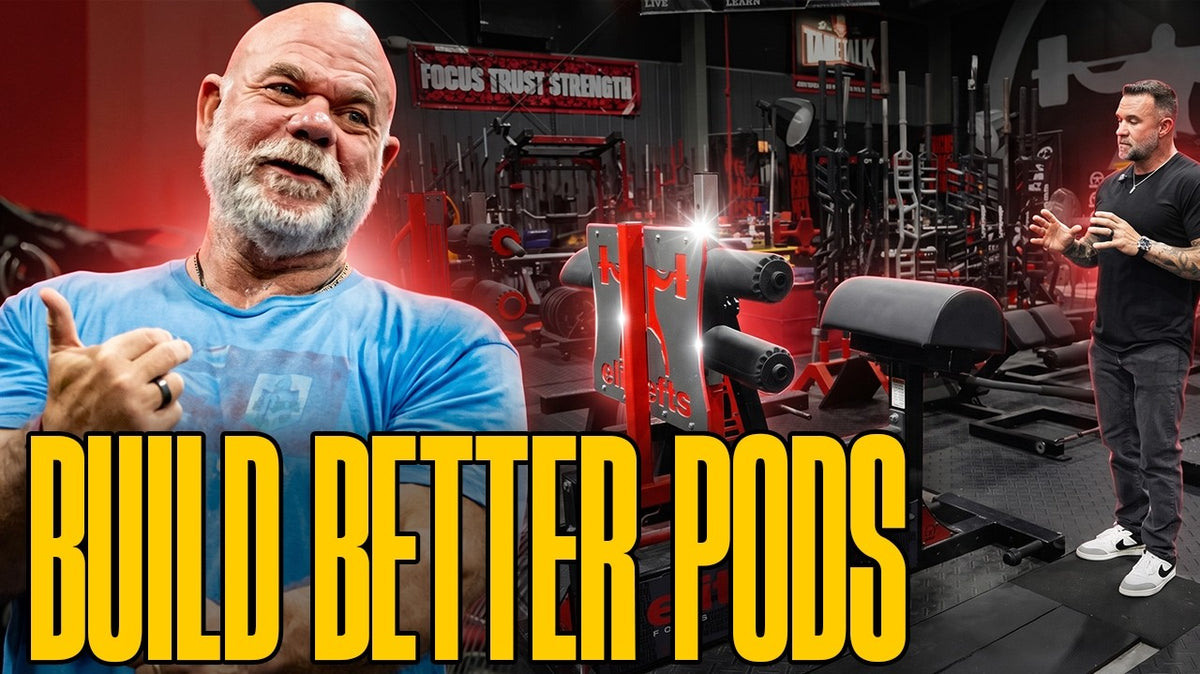 Andy McCloy explains an efficient multi-athlete gym layout beside elitefts power racks