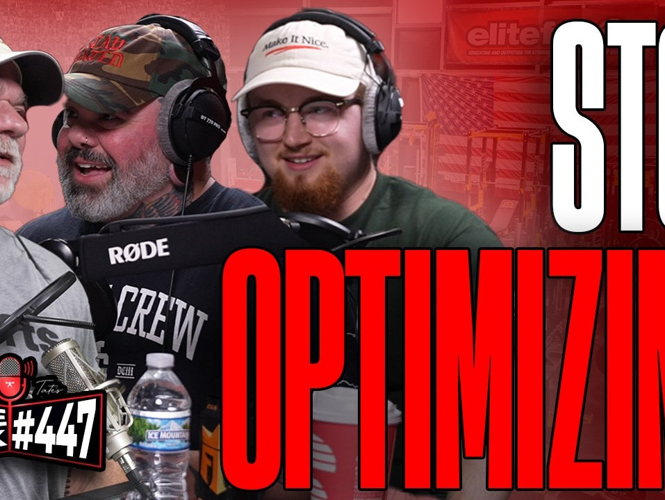 Dave Tate with Anthony Oliveira and Roman Mustaccio in the Table Talk #447 thumbnail, with the words Stop Optimizing
