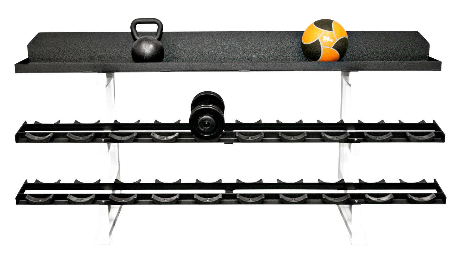 Wall-mounted gym shelf with kettlebell, medicine ball, and dumbbells on a white background
