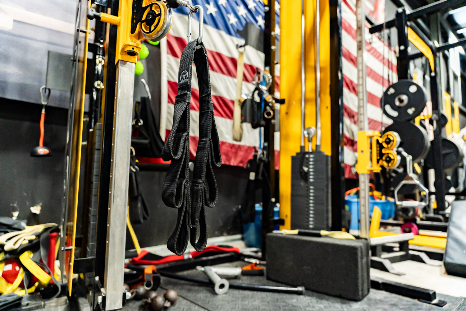 Gym equipment with American flag in the background