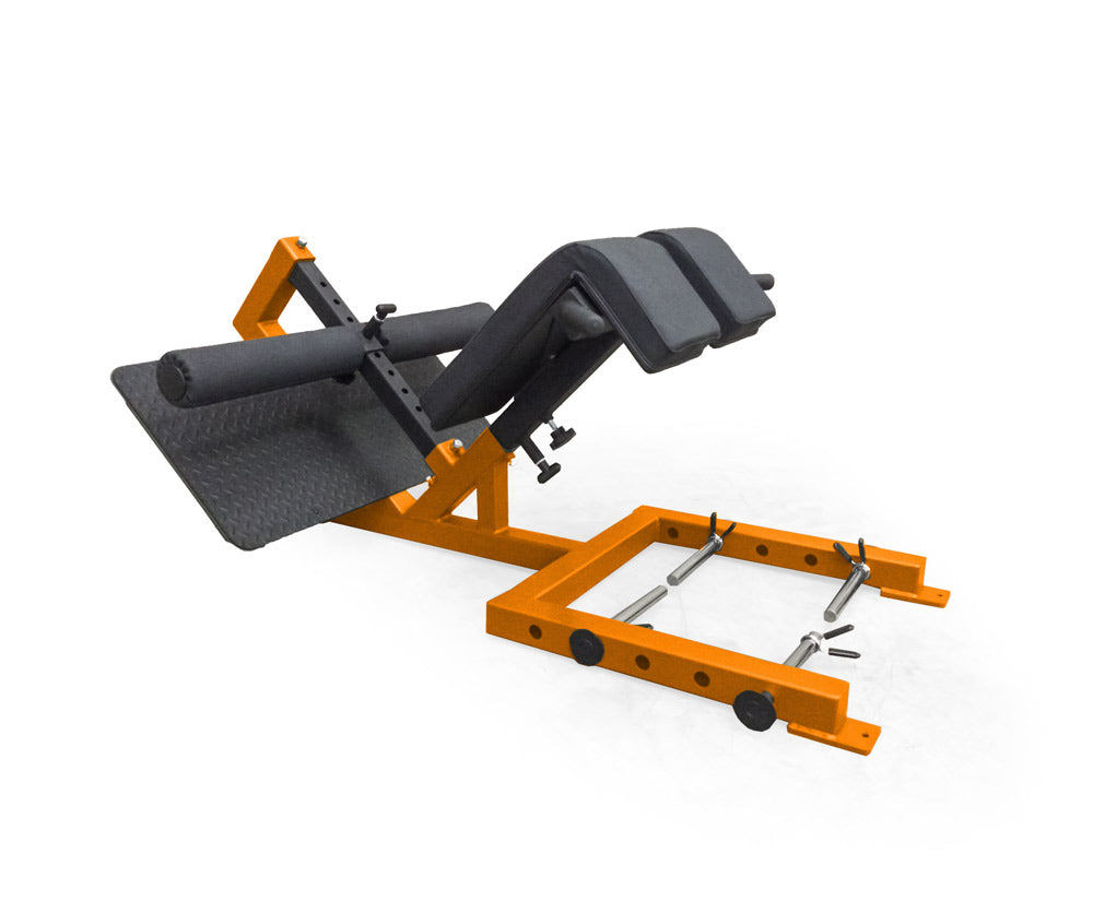 Orange metal frame with black components on a white background