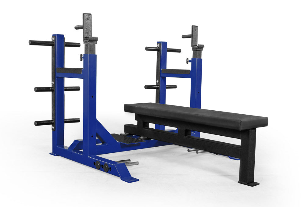 Blue weight rack with black weight bench on a white background