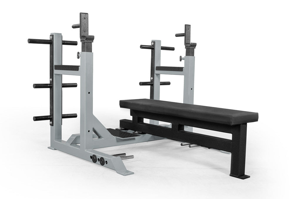 Gym bench and weight rack on a white background