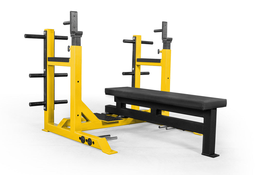 Yellow weight rack with black bench on a white background