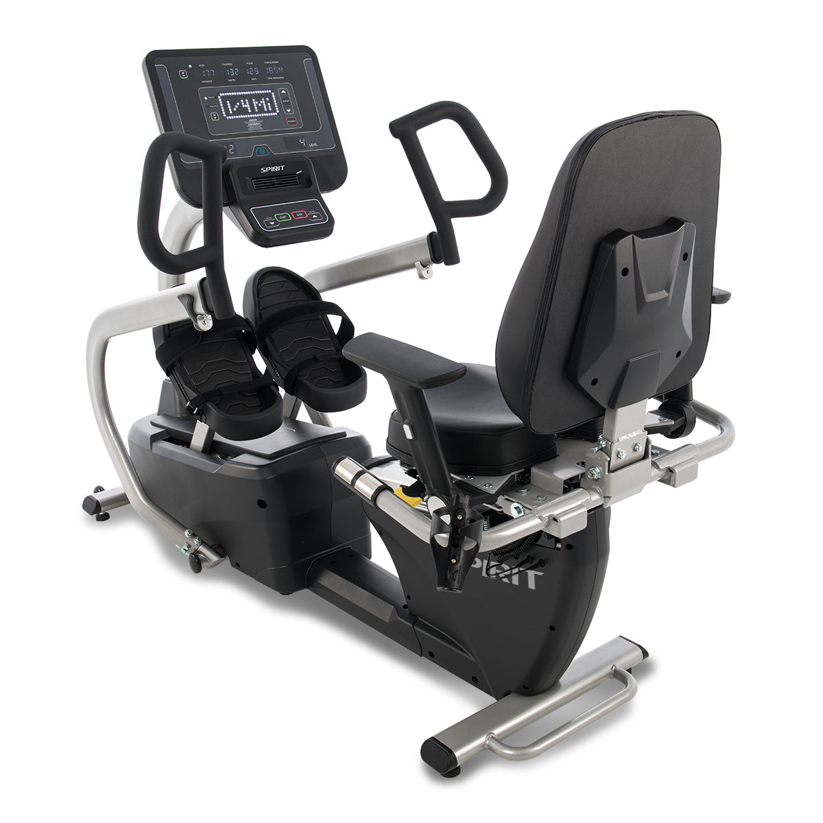 Recumbent exercise bike with digital display on a white background