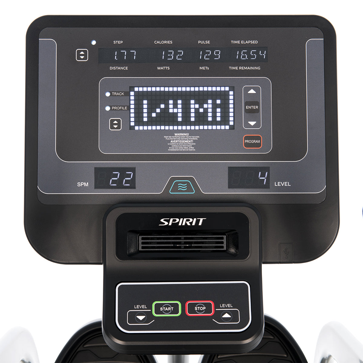 Digital display of a Spirit exercise machine with various metrics.