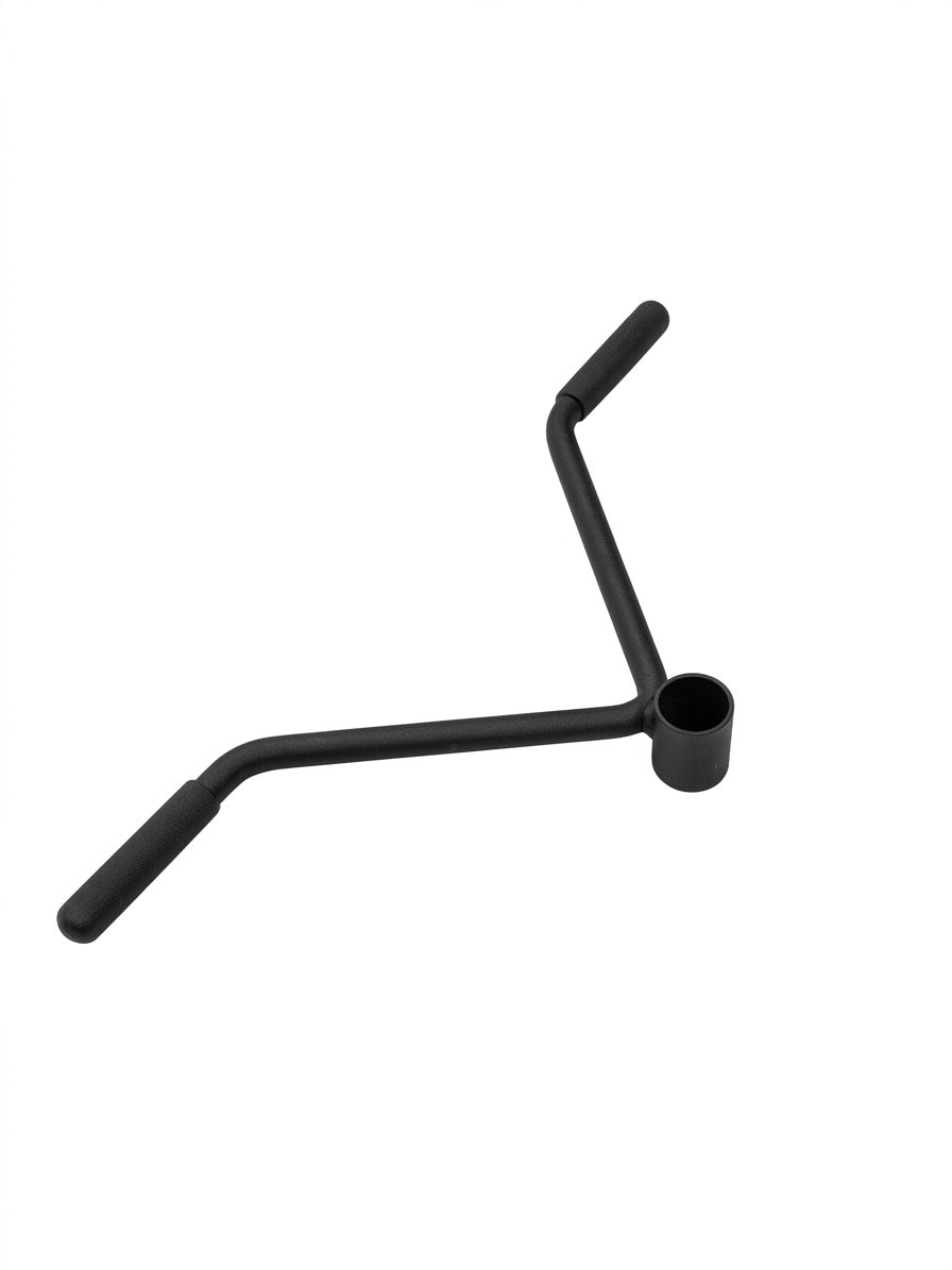A black metal T-handle wrench with a cylindrical socket on one end and two angled handles, shown on a plain white background.