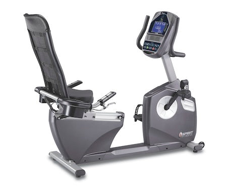 Recumbent bike with digital display on a white background