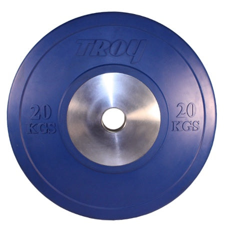 Blue weight plate with 'Troy' branding on a white background