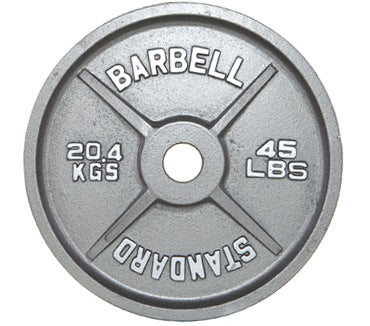 Weight plate with 'Barbell' and 'Standard' branding on a white background