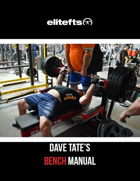 Person bench pressing with 'elitefts' branding above and 'Dave Tate's Bench Manual' text below.