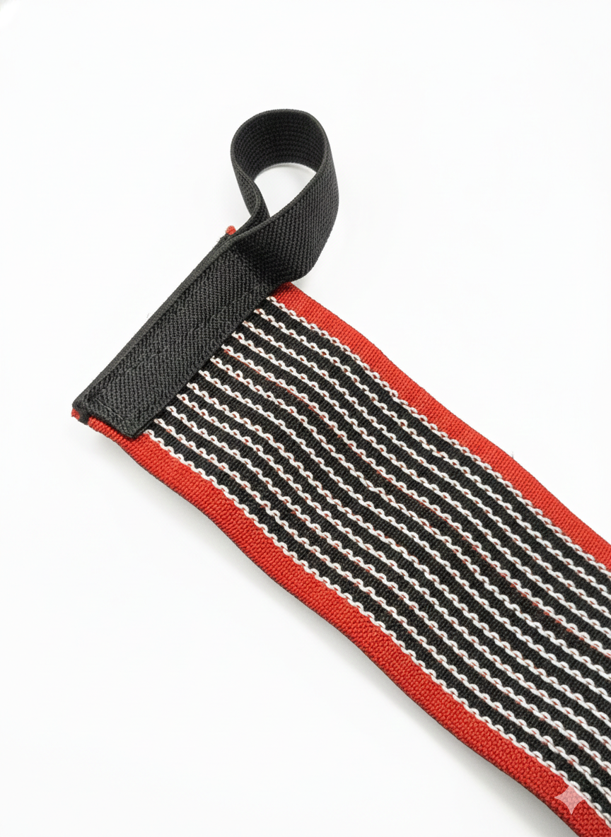 Close-up of a red, black, and white striped strap on a white background