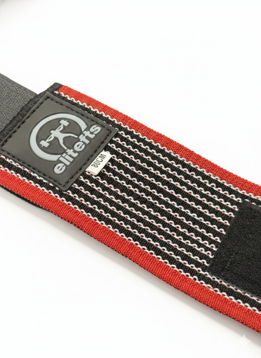 Wrist wrap with red and black pattern on a white background