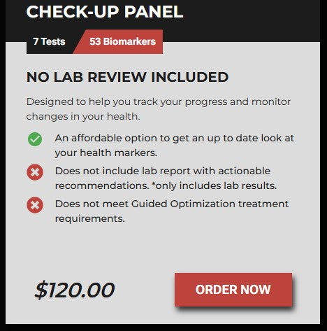 Advertisement for a health check-up panel with pricing and ordering information.
