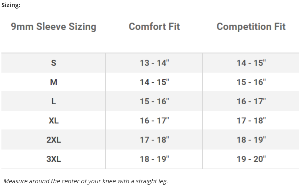 elitefts PR Knee Sleeves 9mm size chart