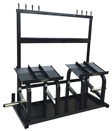 Black metal exercise rack with multiple platforms on a white background