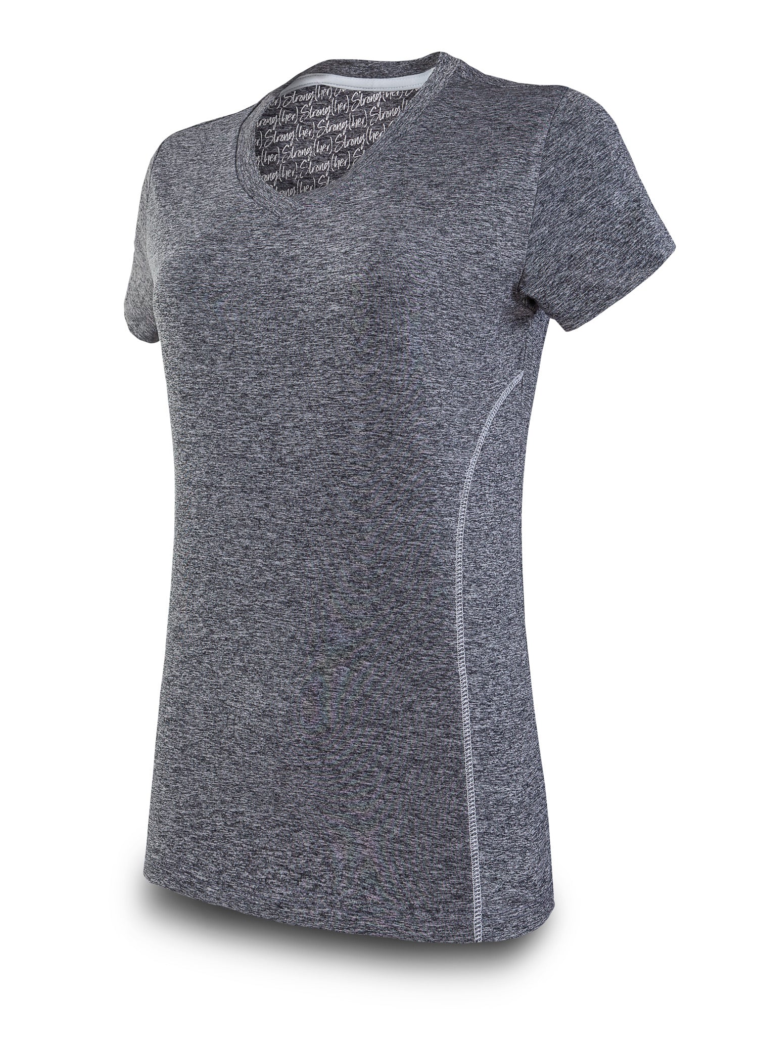 Gray athletic shirt with patterned neckline on a white background