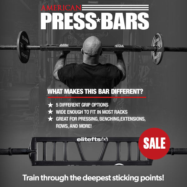 Advertisement for American Press Bars with a person lifting weights and product details.