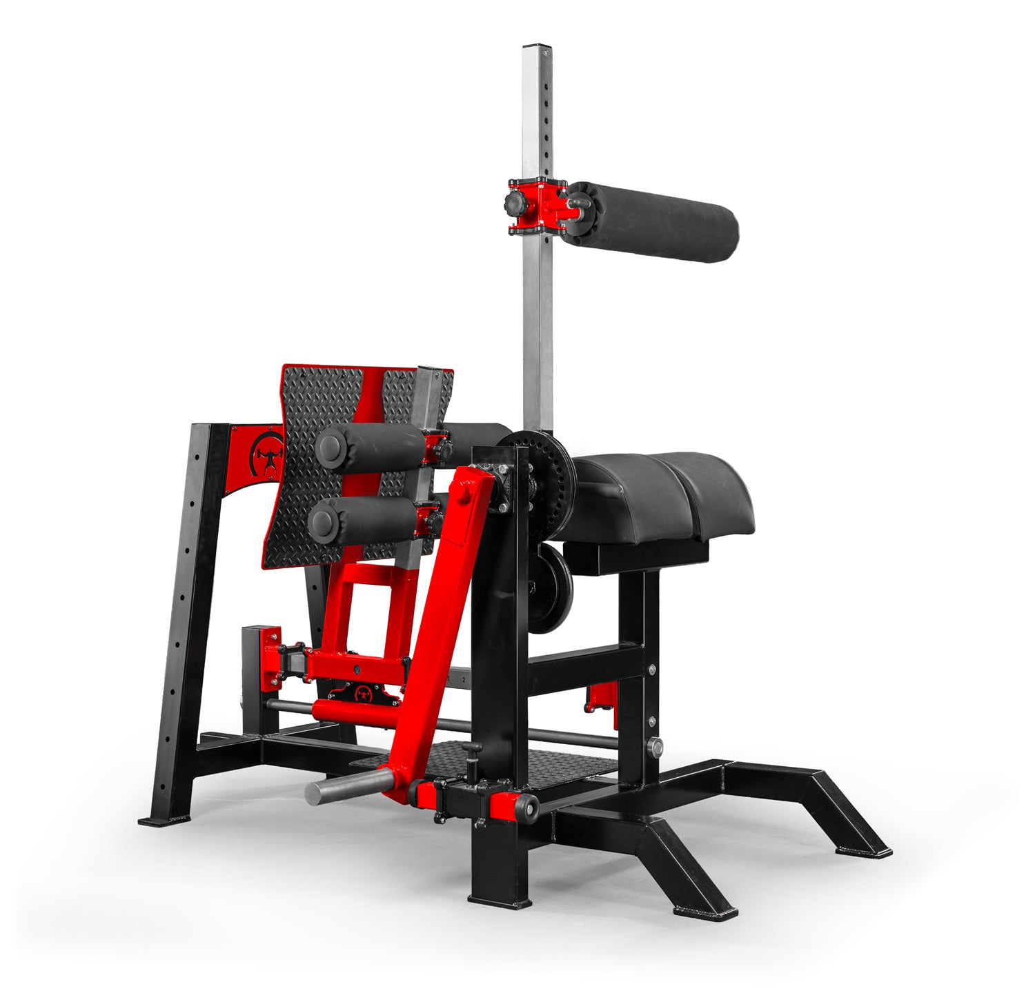 Black and red weightlifting bench with weight plates on a white background