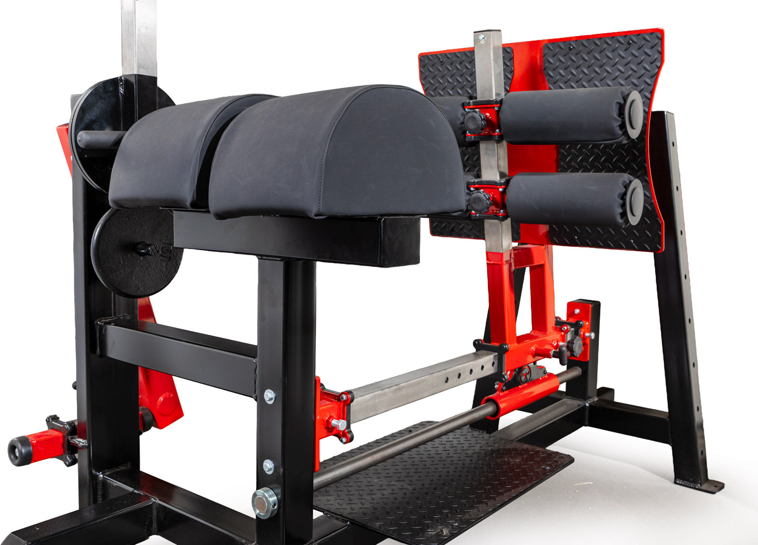 Gym leg press machine with red and black design on a white background