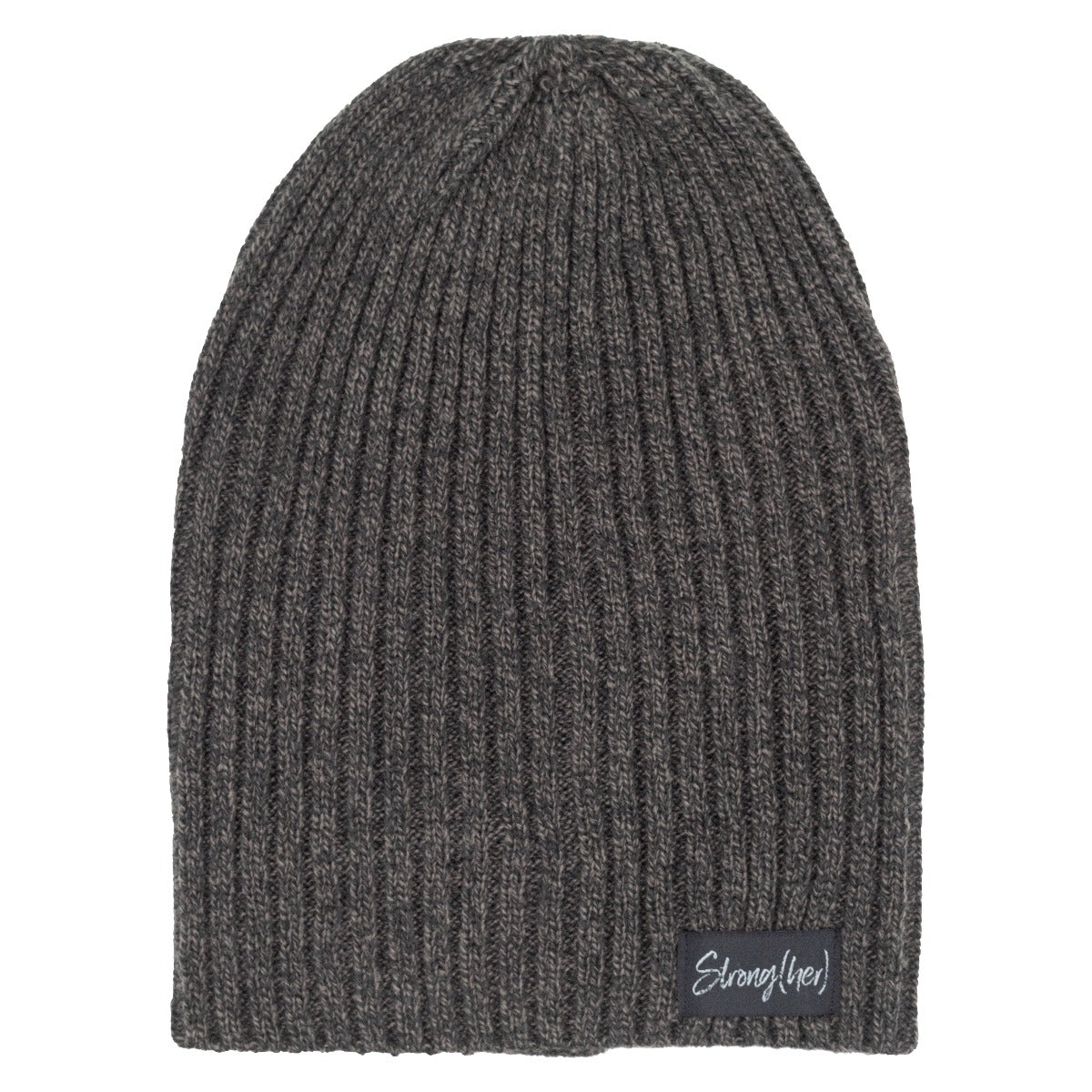 Gray knit beanie with a brand label on a white background