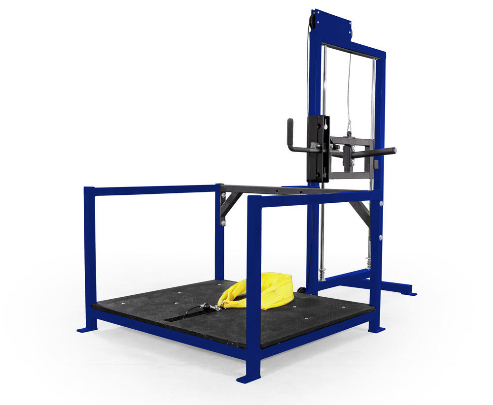 Blue power rack with a yellow towel on a white background