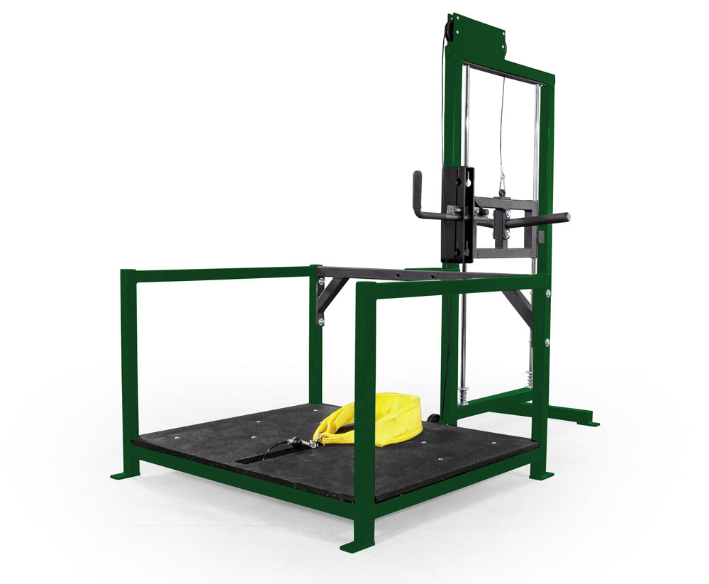 green power rack with a yellow towel on a white background