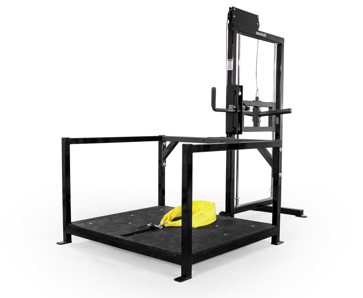 Black power rack with a yellow towel on a white background