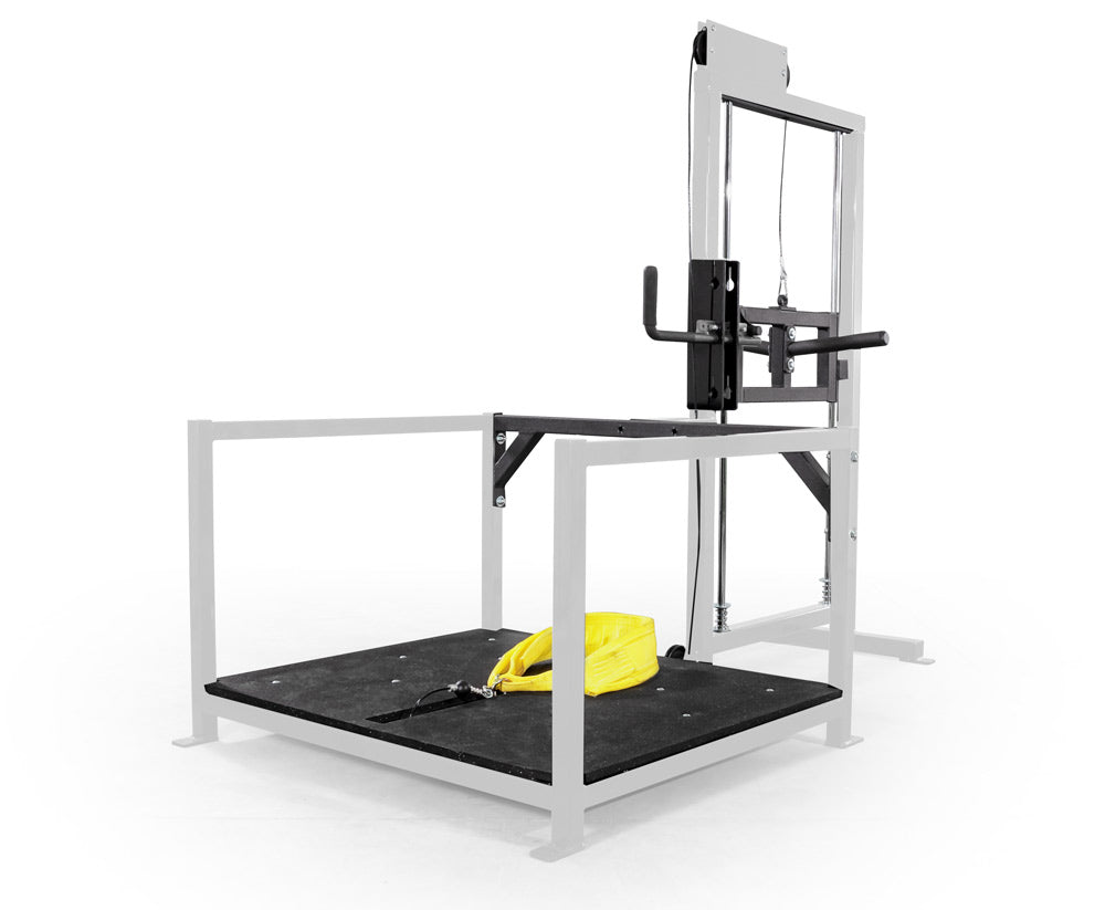 white power rack with a yellow towel on a white background