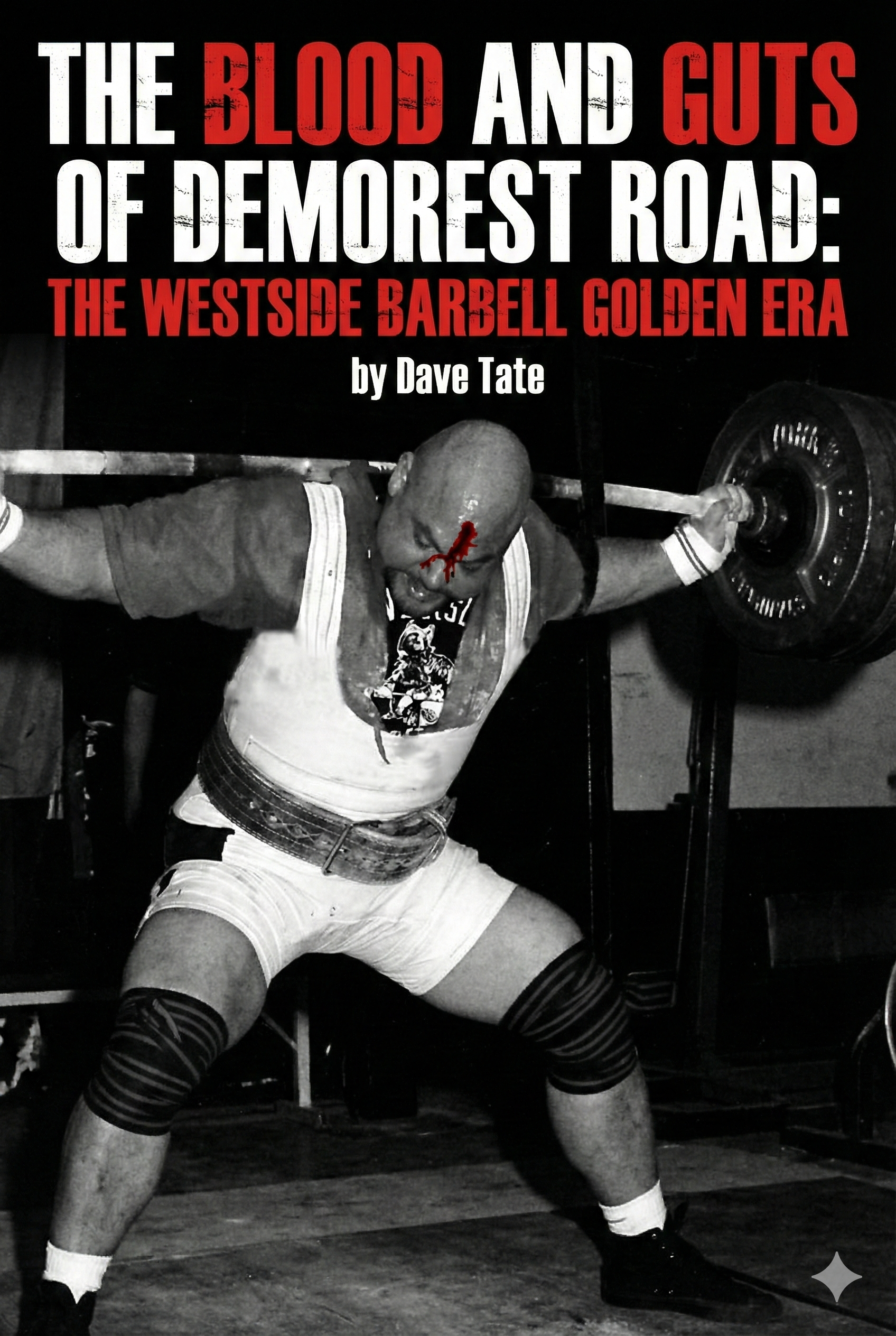 Book cover of 'The Blood and Guts of Demorest Road' with a black and white image of a weightlifter lifting weights.