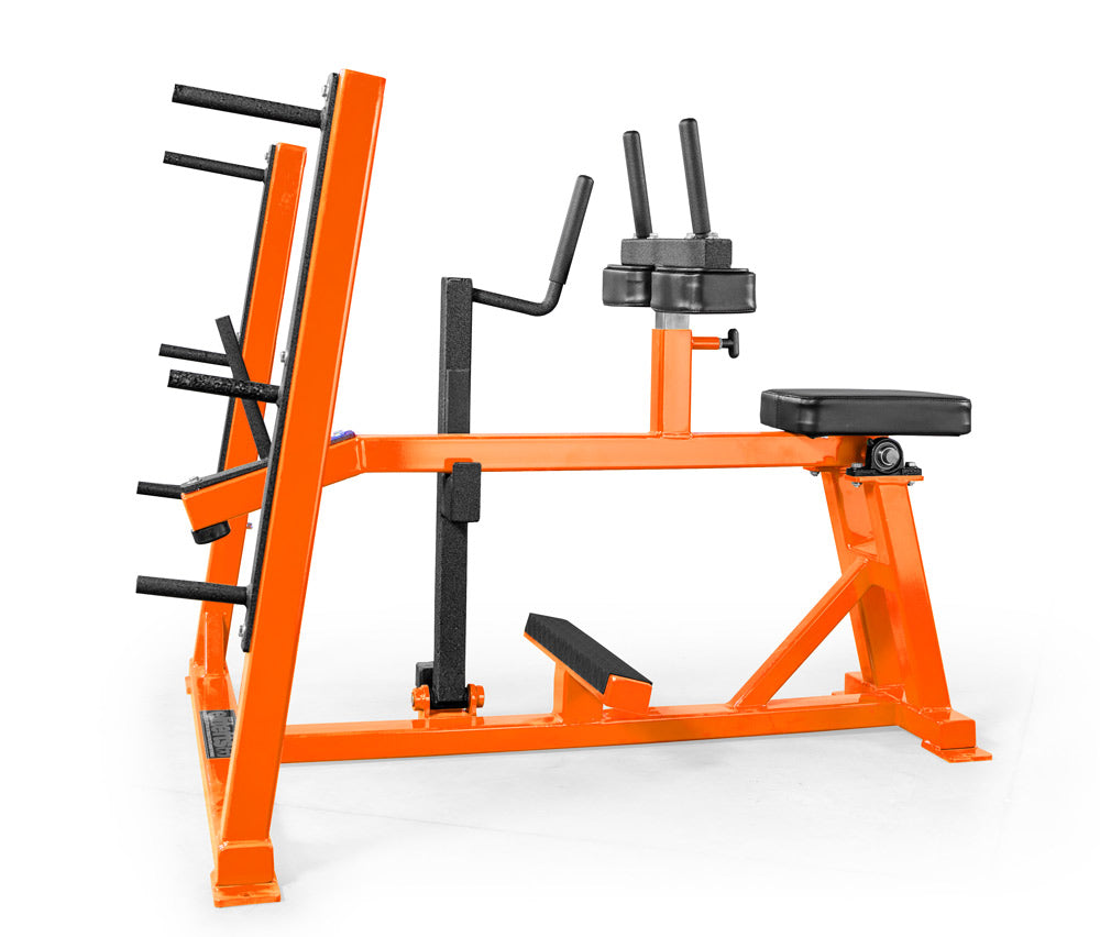 Orange weightlifting machine with black components on a white background