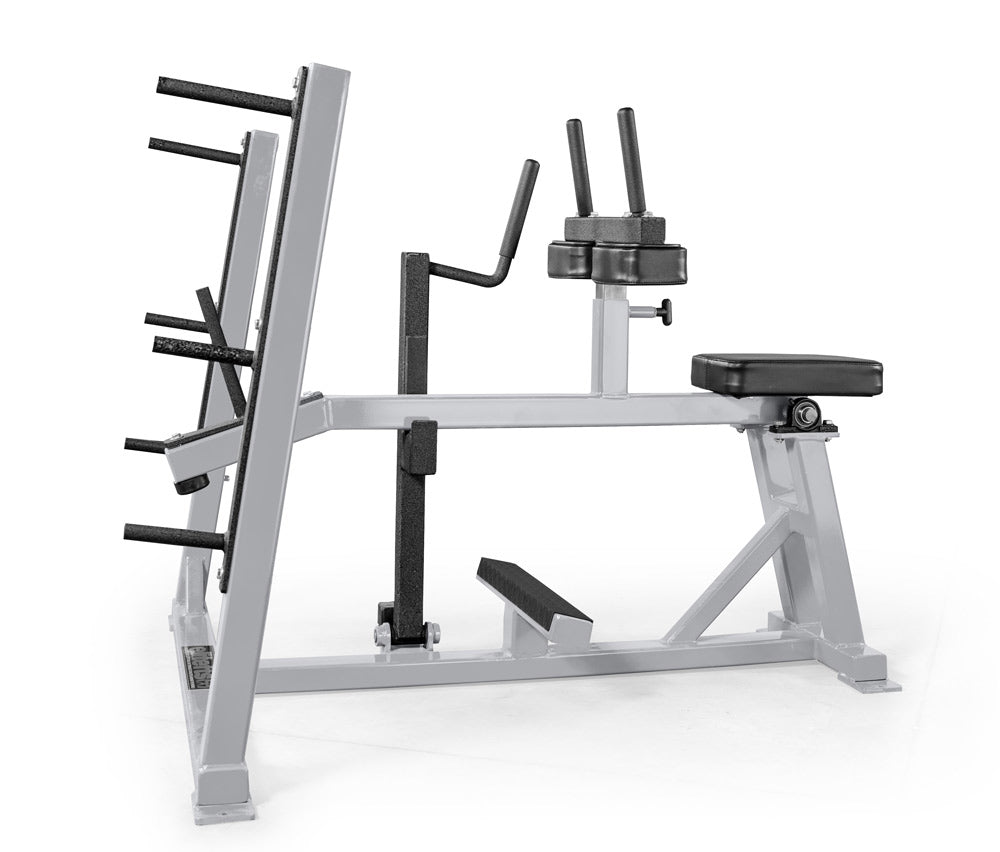 Gym equipment including a weight rack and bench on a white background