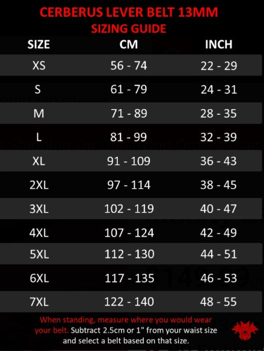 CERBERUS 13MM INFINITY LEVER BELT SIZING CHART