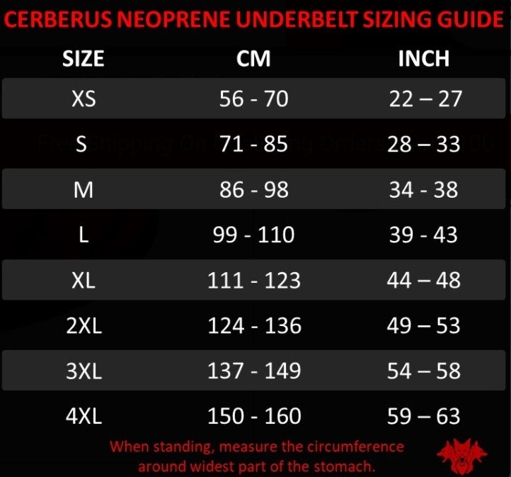 picture of CERBERUS 7MM NEOPRENE UNDERBELT SIZING CHART