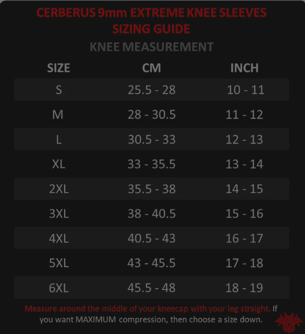 Cerberus 9mm Extreme Knee Sleeve size chart