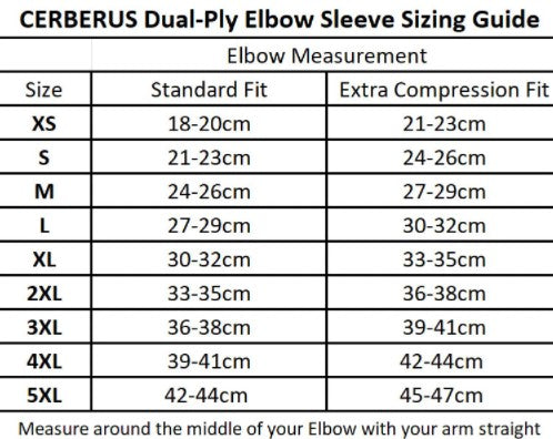 picture of CERBERUS DUAL PLY ELBOW SLEEVE SIZE CHART