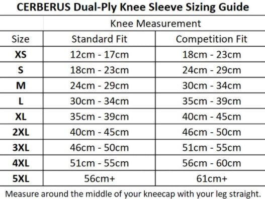 picture of CERBERUS DUAL PLY KNEE SLEEVE sizing guide