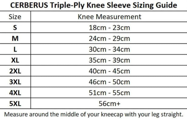 picture of CERBERUS TRIPLE PLY KNEE SLEEVE sizing chart