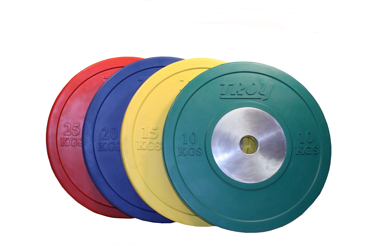 Set of colorful weight plates with a visible brand logo on a white background