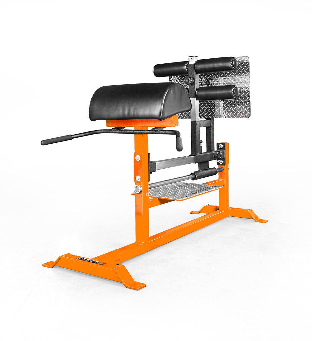 Orange gym machine with black padding on a white background