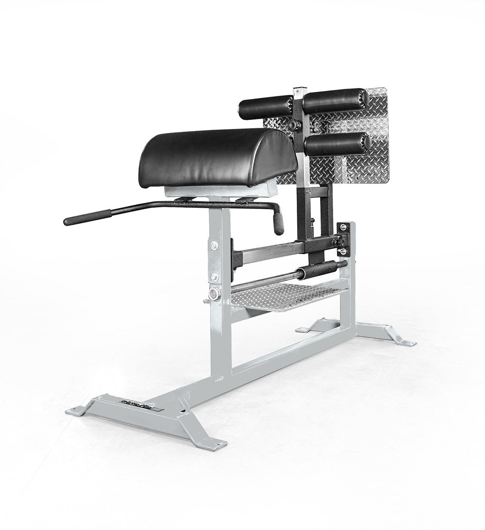 Gym machine with black padding and metal frame on a white background